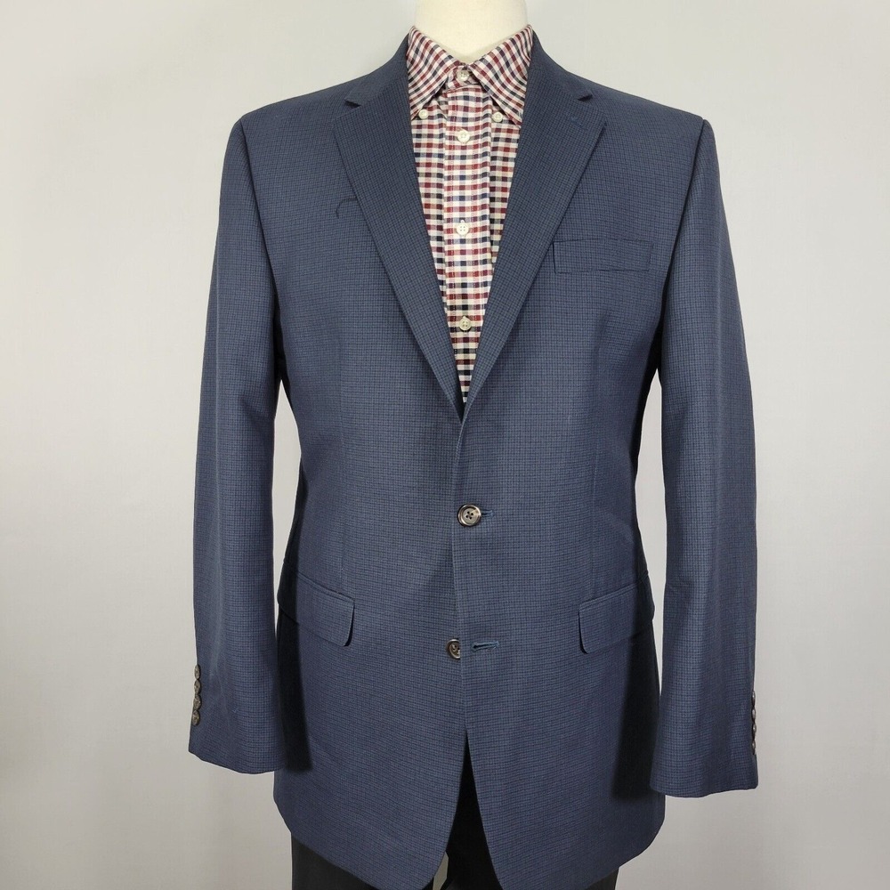 Chaps Men's Sport Coat Blazer Two Button Navy Blue Checked Polyester Rayon 42L